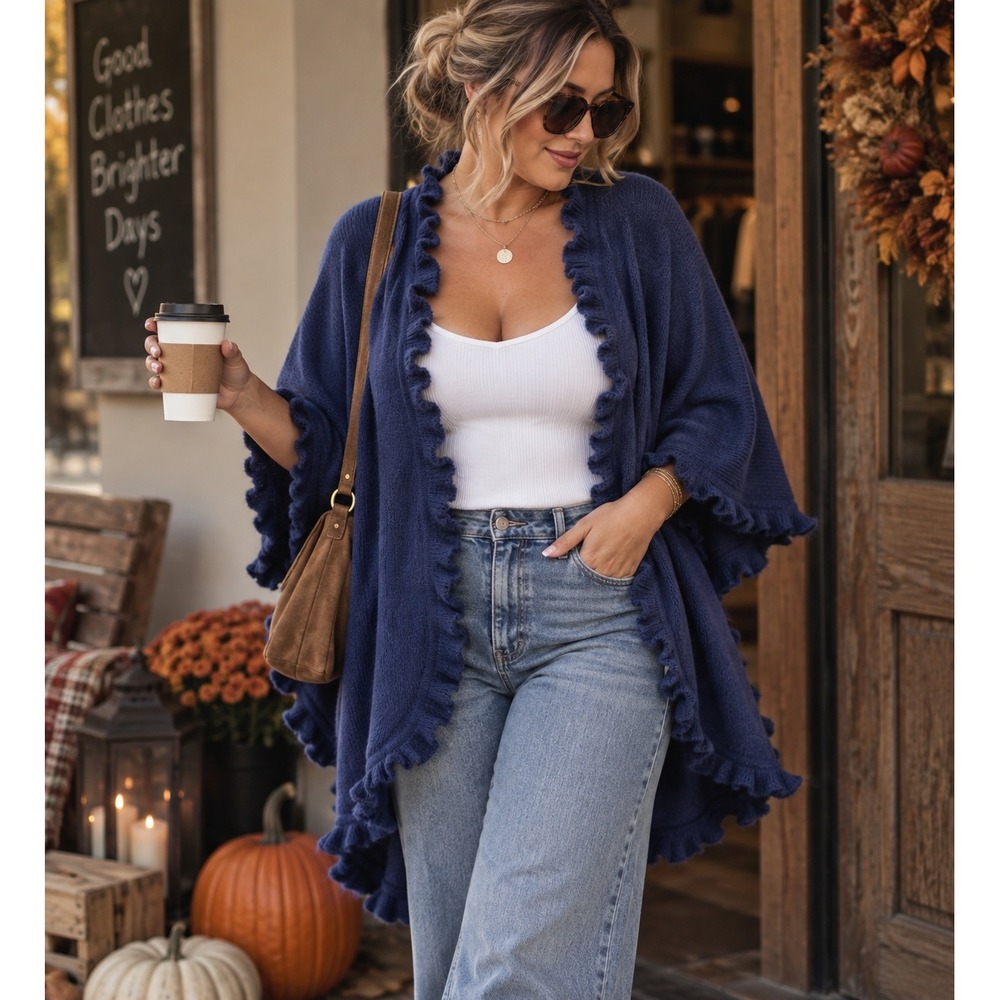 Lombaggi Knitwear Navy Blue Ruffle Trim Angora Blend Open Front Cardigan Wrap P
